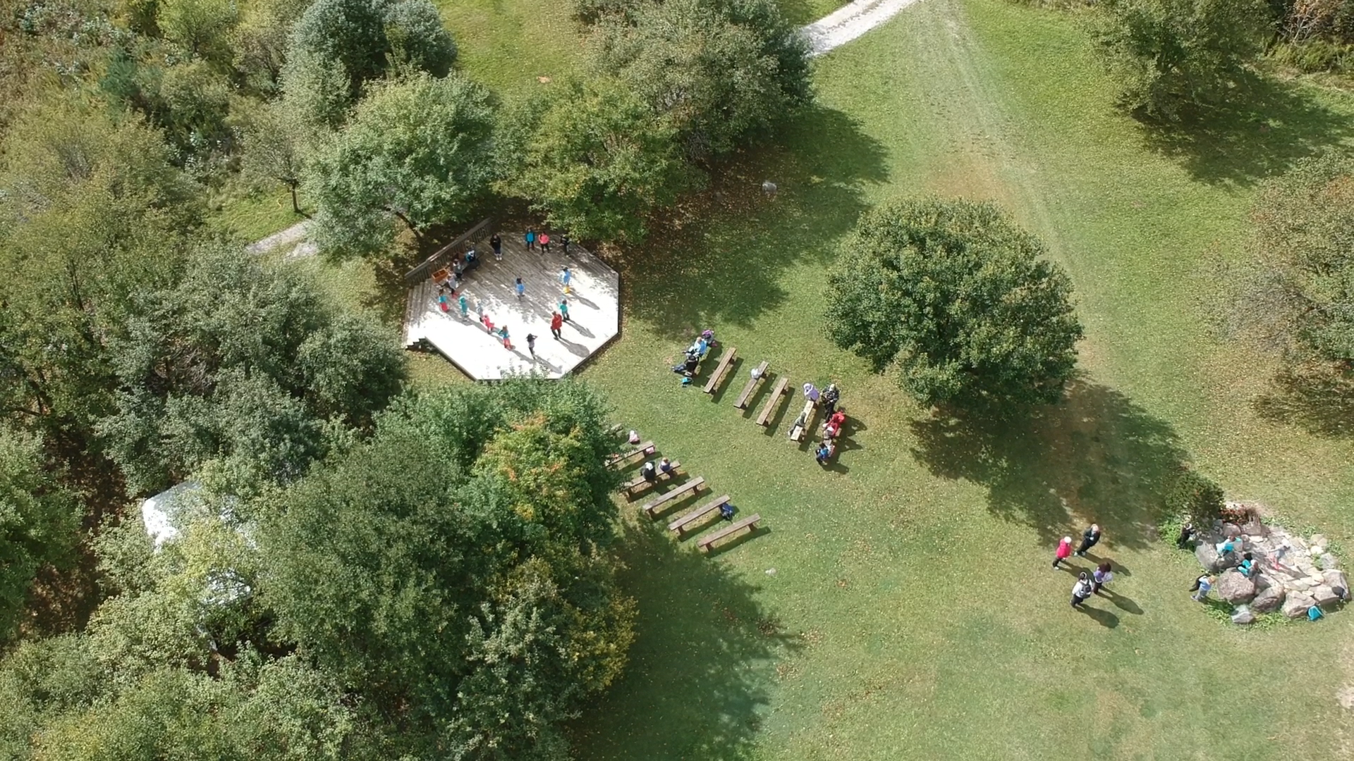 Group of campers on the stage circled together playing and learning in the apple orchard